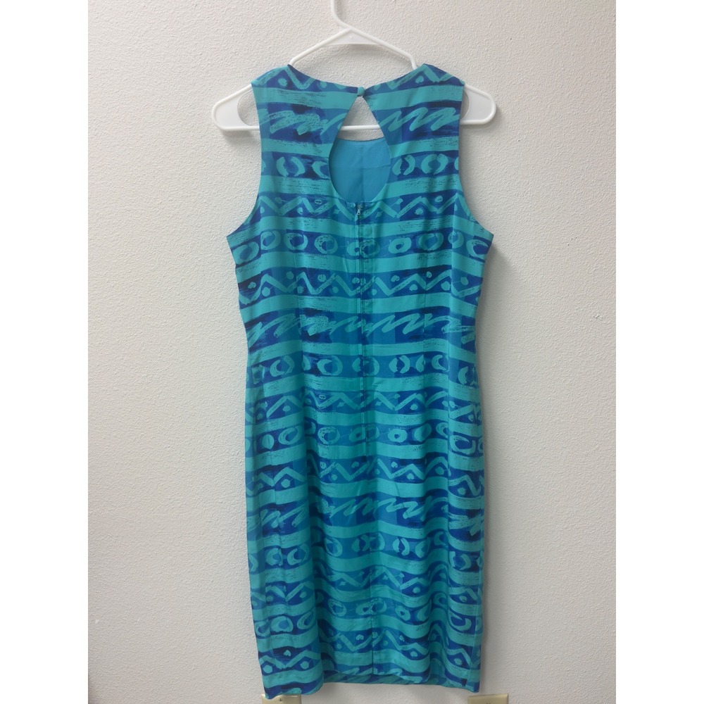 Maggy London Geometric Print Silk Sheath Dress Womens 10 Teal Blue Office - Picture 3 of 9